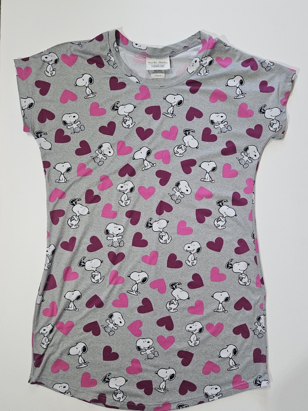 Peanuts Snoopy Munki Munki Sleep Shirt Womens Small‎ Grey Pink Purple Hearts